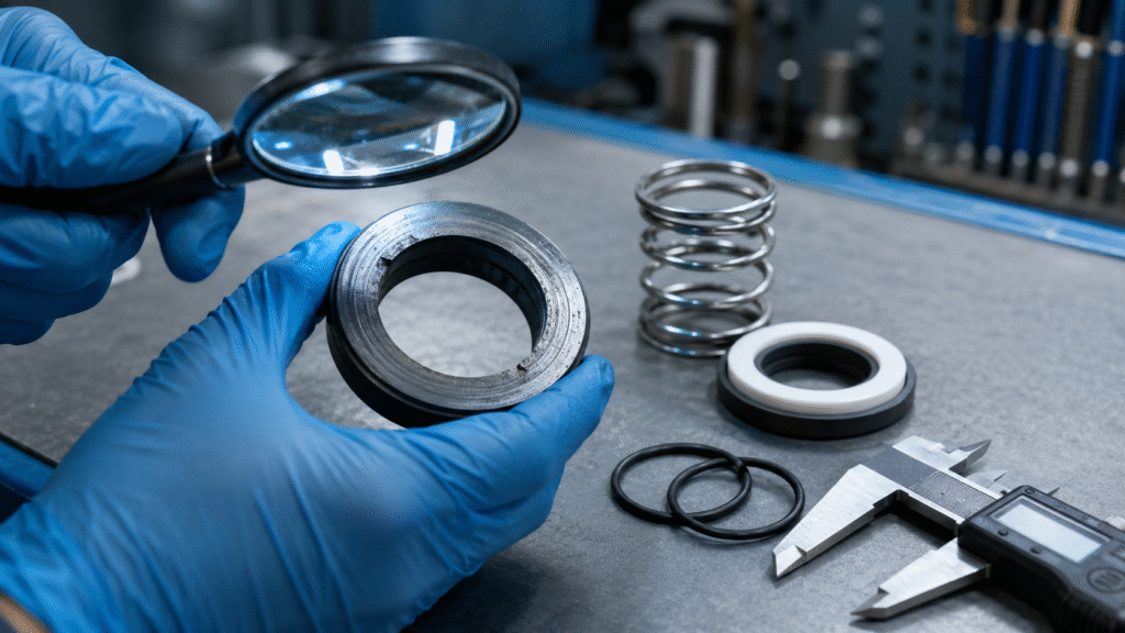 Damaged mechanical seal faces inspected after pump installation